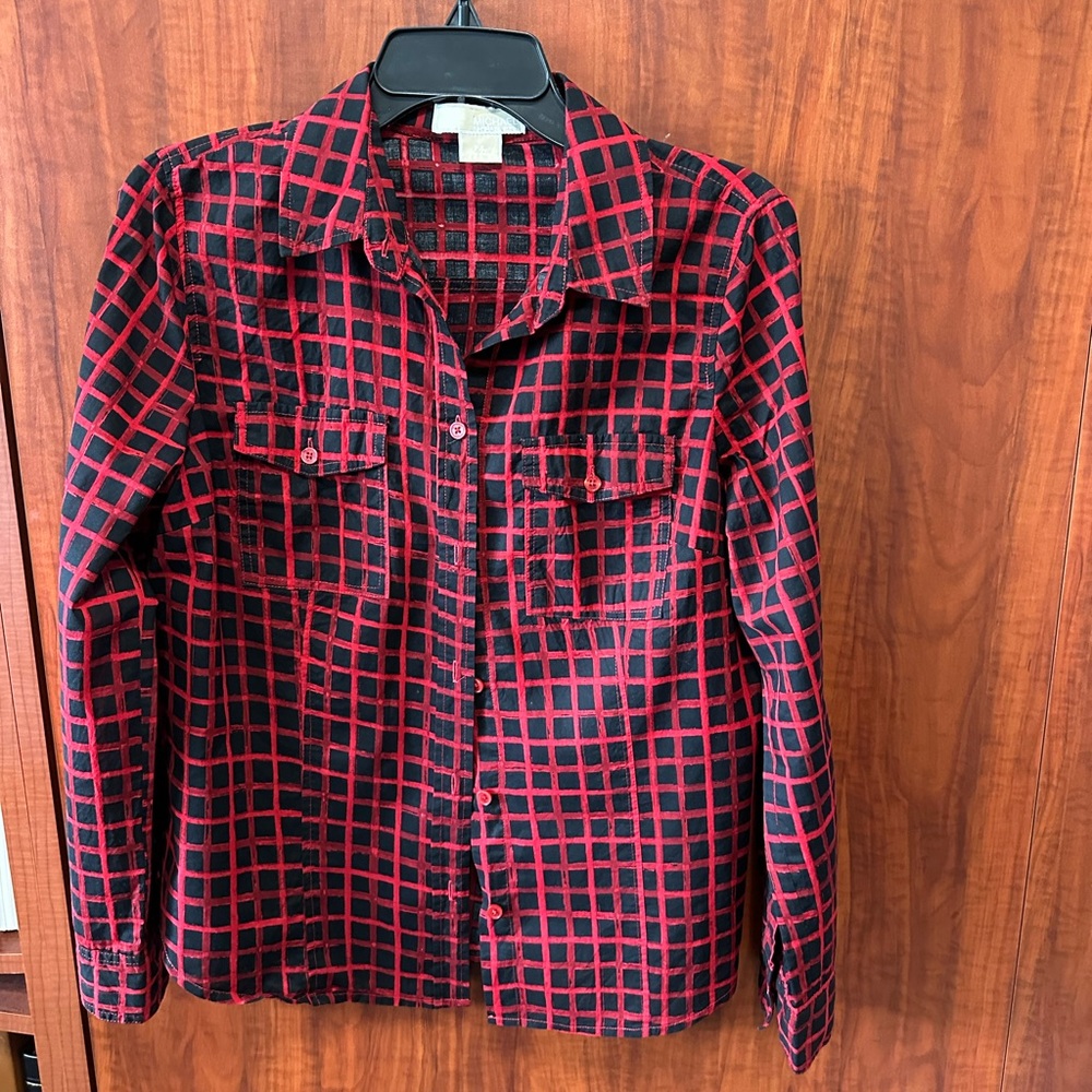 Michael Kors Red and Black Checkered Button-Up Fitted Shirt